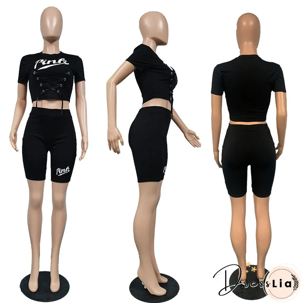 Sportswear Short Sleeve Crop Tops Biker Shorts Set