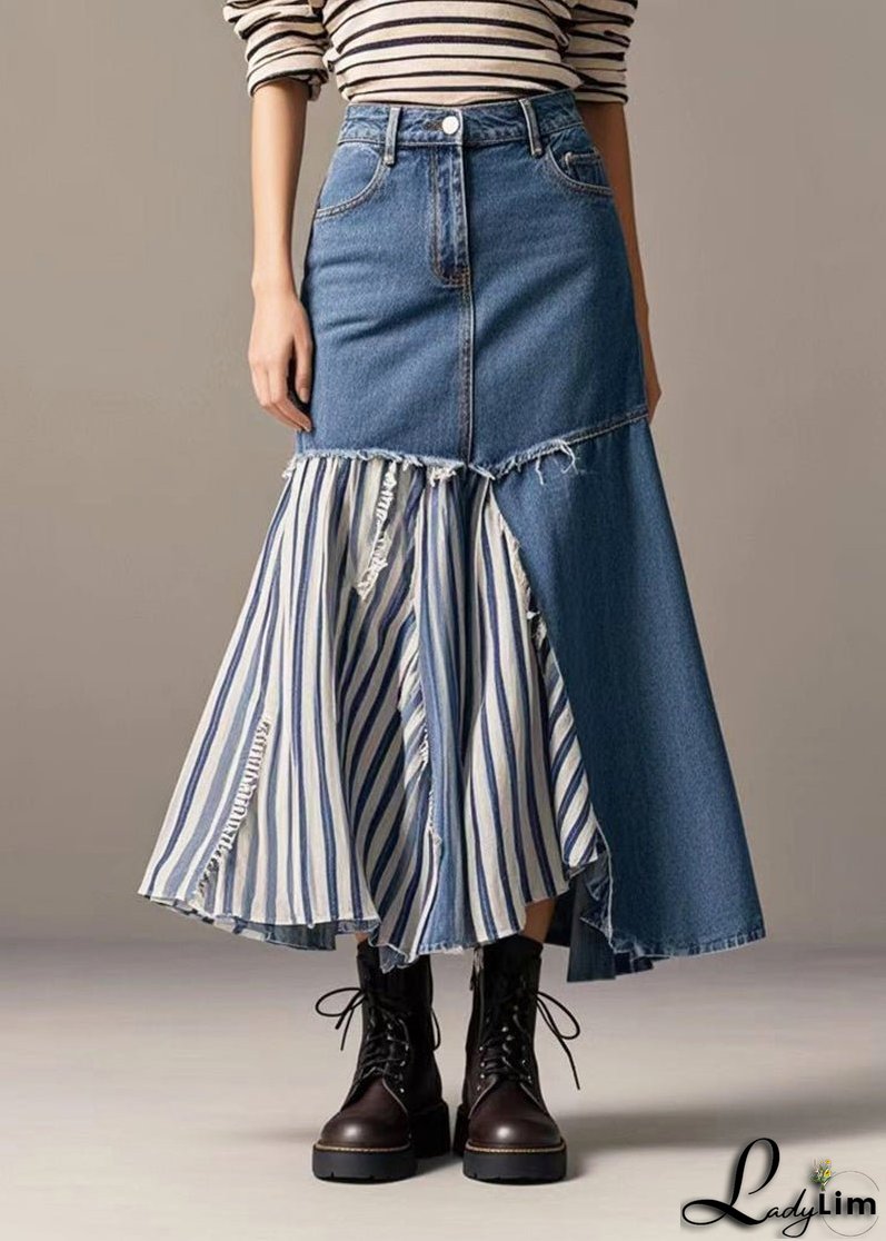 French Navy Asymmetrical Patchwork Striped Denim Skirt Spring