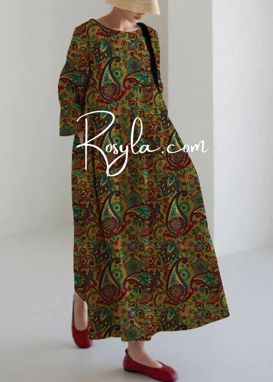 Paisley Print Long Sleeve Midi Dress
