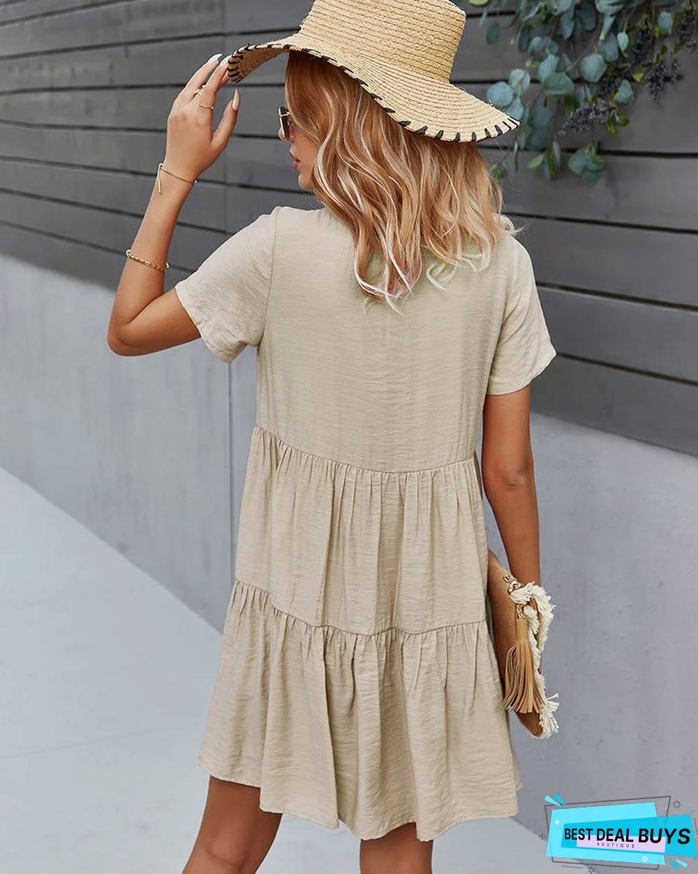 Women's Solid Color Dress Spring and Summer Short Sleeve Cotton Skirt