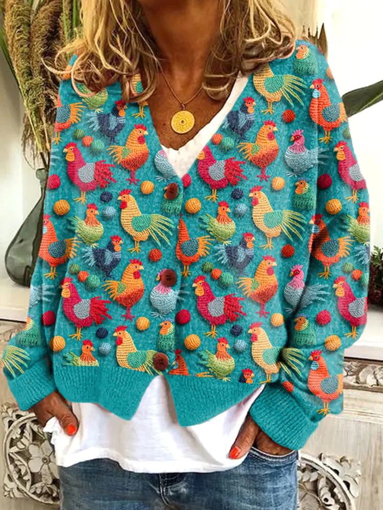 VChics Funny Chicken Embroidery Art Casual Cozy Knit Cardigan