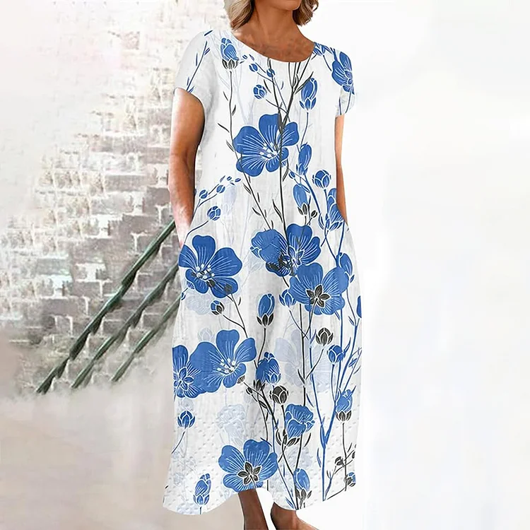 VChics Vintage Blue Blossom Japanese Linen Flowy Midi Dress