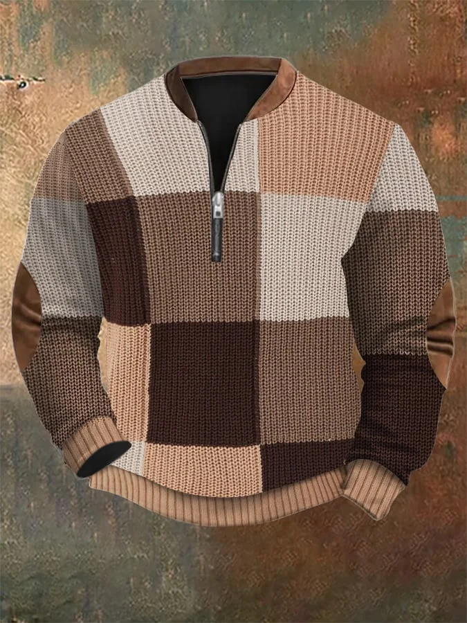 Men's Retro Western Textured Print Zip Collar Sweatshirt