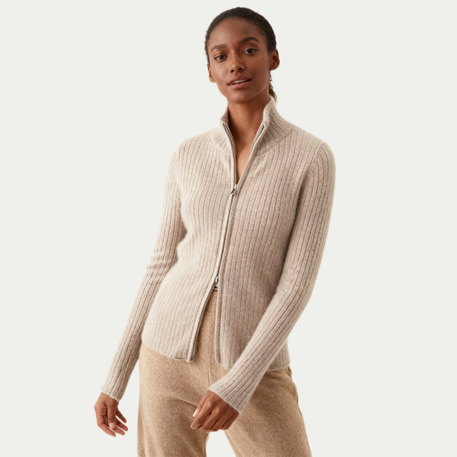 Turtleneck Lightweight Cashmere Cardigan With Zipper Closure Slim fit REAL SILK LIFE
