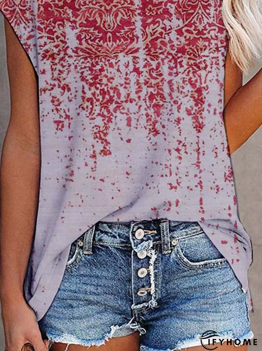 Paisley  Short Sleeve  Printed  Cotton-blend  Crew Neck  Vintage  Summer  Gray Top | IFYHOME