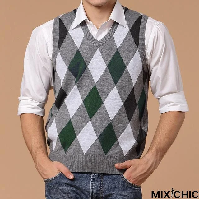 New Fashion Mens Wool Knitted Sweater Vest Plaid Cashmere Sweater Men Spring Autumn Casual Vests Pullover Men