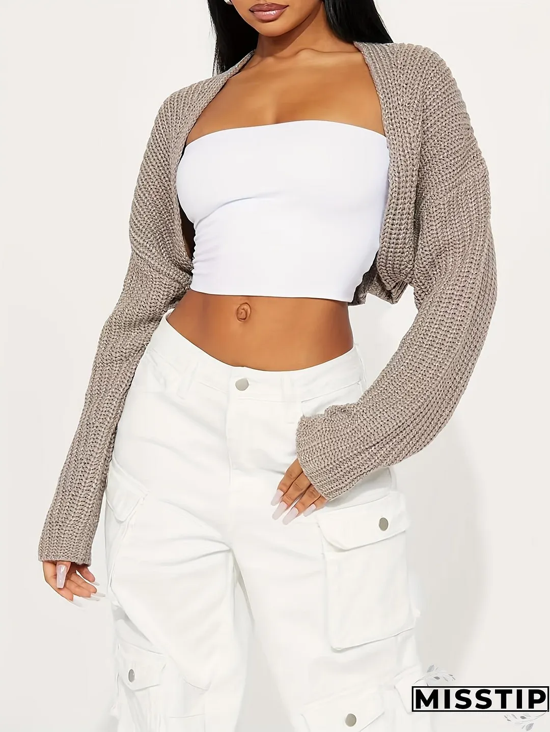 Solid Open Front Knit Cardigan Casual Long Sleeve Crop Sweater For Spring Fall Womens