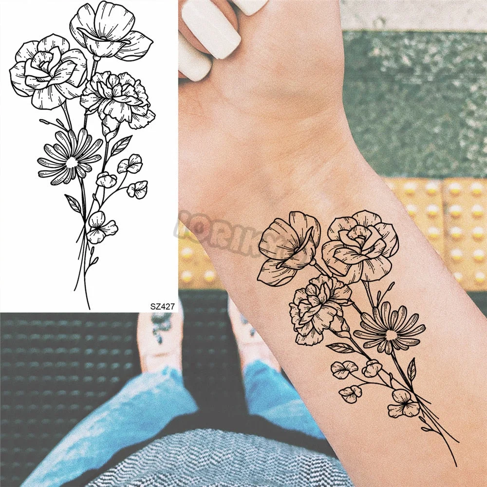 Black Florals Temporary Tattoos For Women Girls Watercolor Hummingbird Lavender Fake Tattoo Sticker Waterproof Arm Body Tatoos
