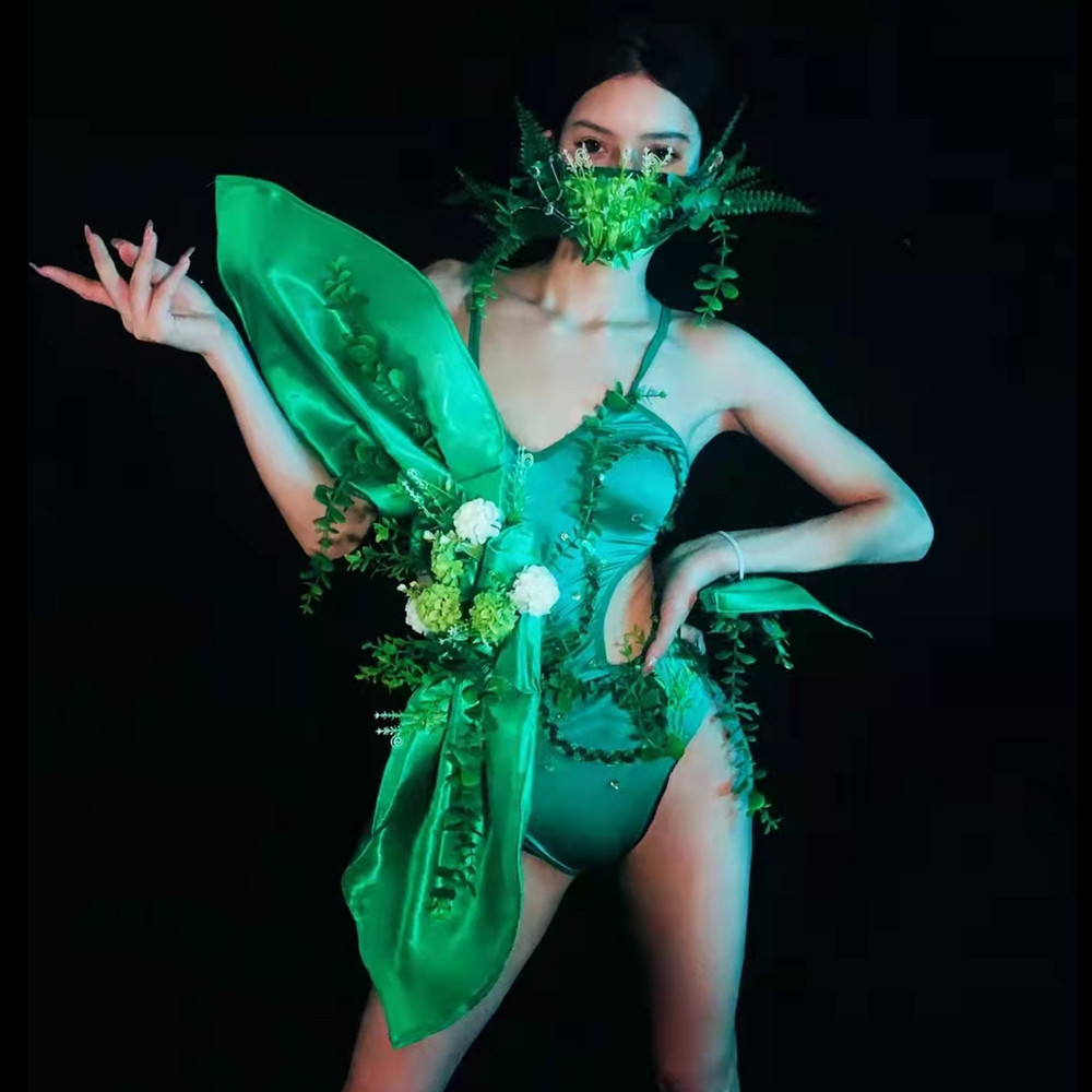 Bar DJ Dancer Gogo Dance Costume Green Leaf Flower Bodysuit Club Party Show Rave Outfits Nightclub Performance Stage Wear