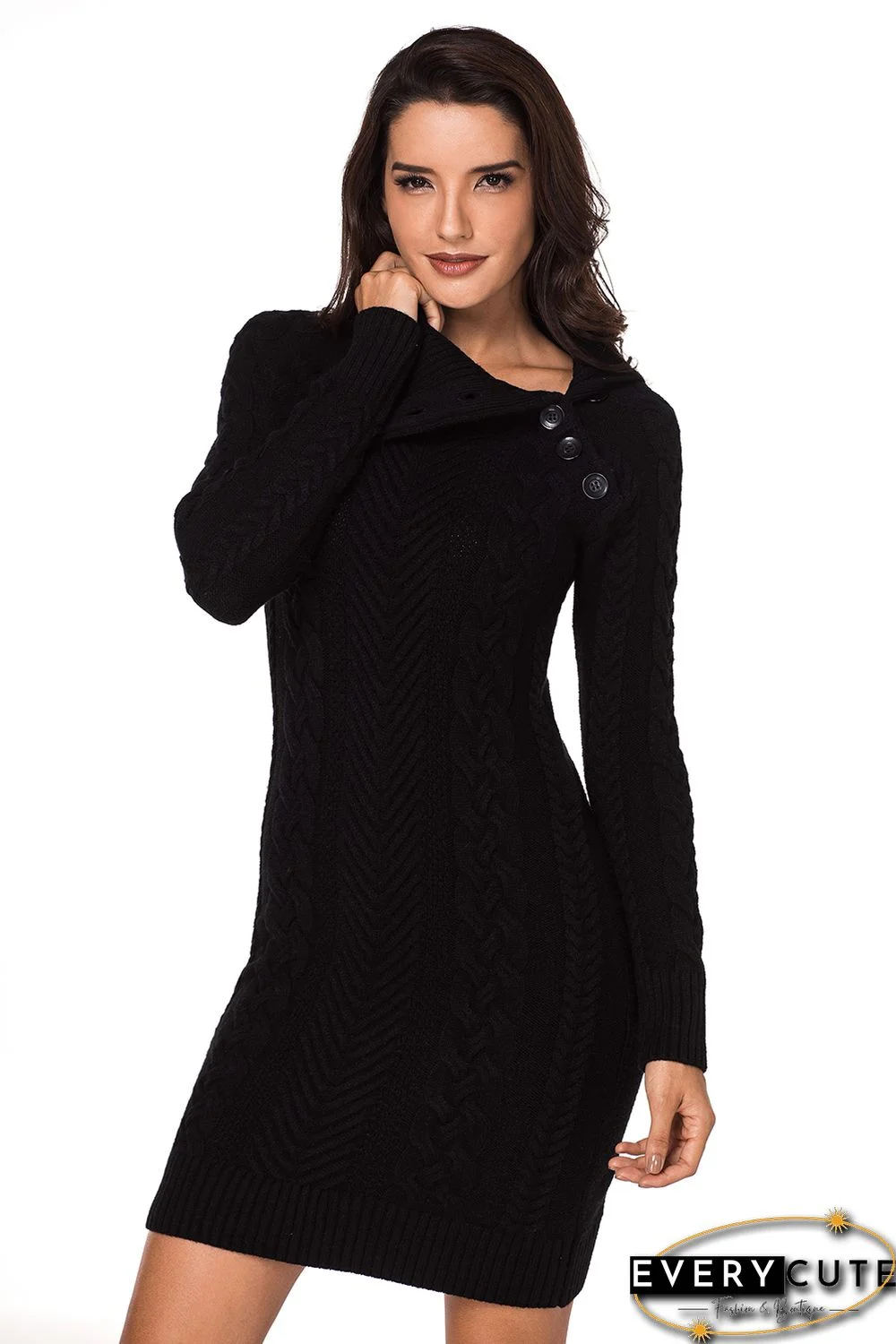 Asymmetric Buttoned Collar Black Bodycon Sweater Dress