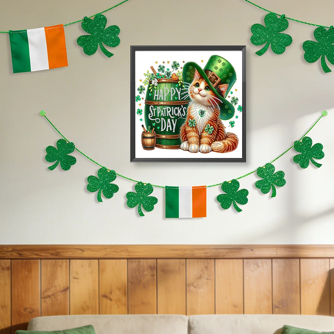 St Patricks Day Cat Special Shaped 5D DIY Partial Drill Diamonds Dots Gem Art Kits for Adults Beginners Home Decor Diamonds Paintings Gem Art 11.81 X11.81inch