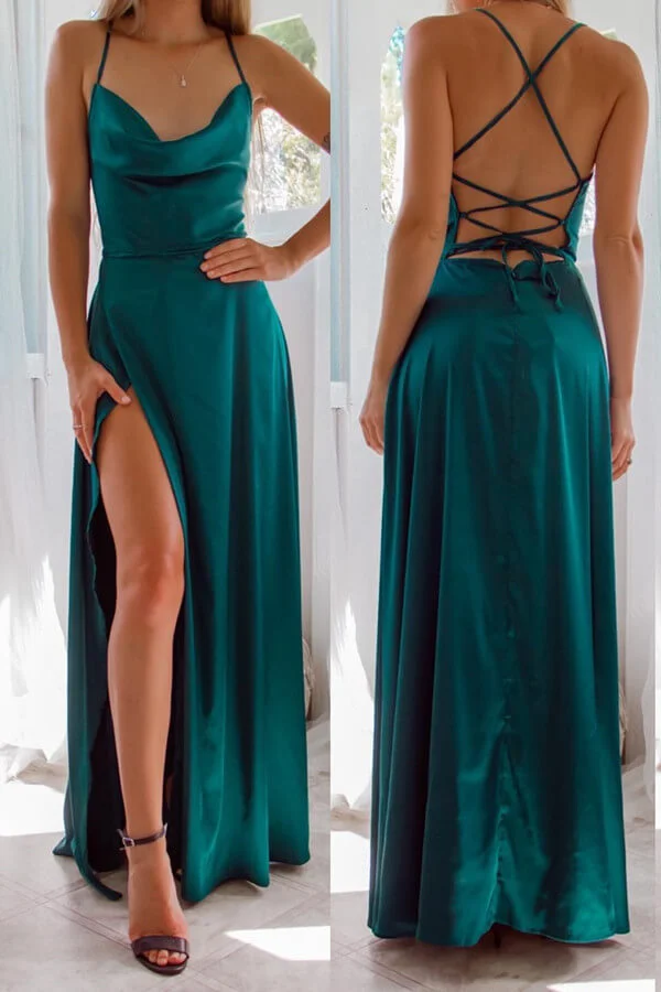 Strapless Dark Green Spaghetti-Straps Front Split Evening Dress Online | Ballbellas Ballbellas
