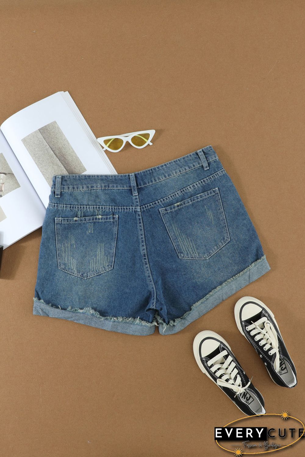 Women's Distressed Ripped Rolled Hem Blue Denim Shorts