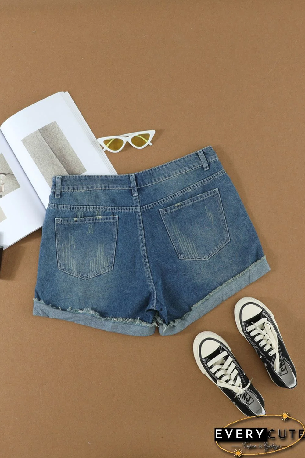 Women's Distressed Ripped Rolled Hem Blue Denim Shorts