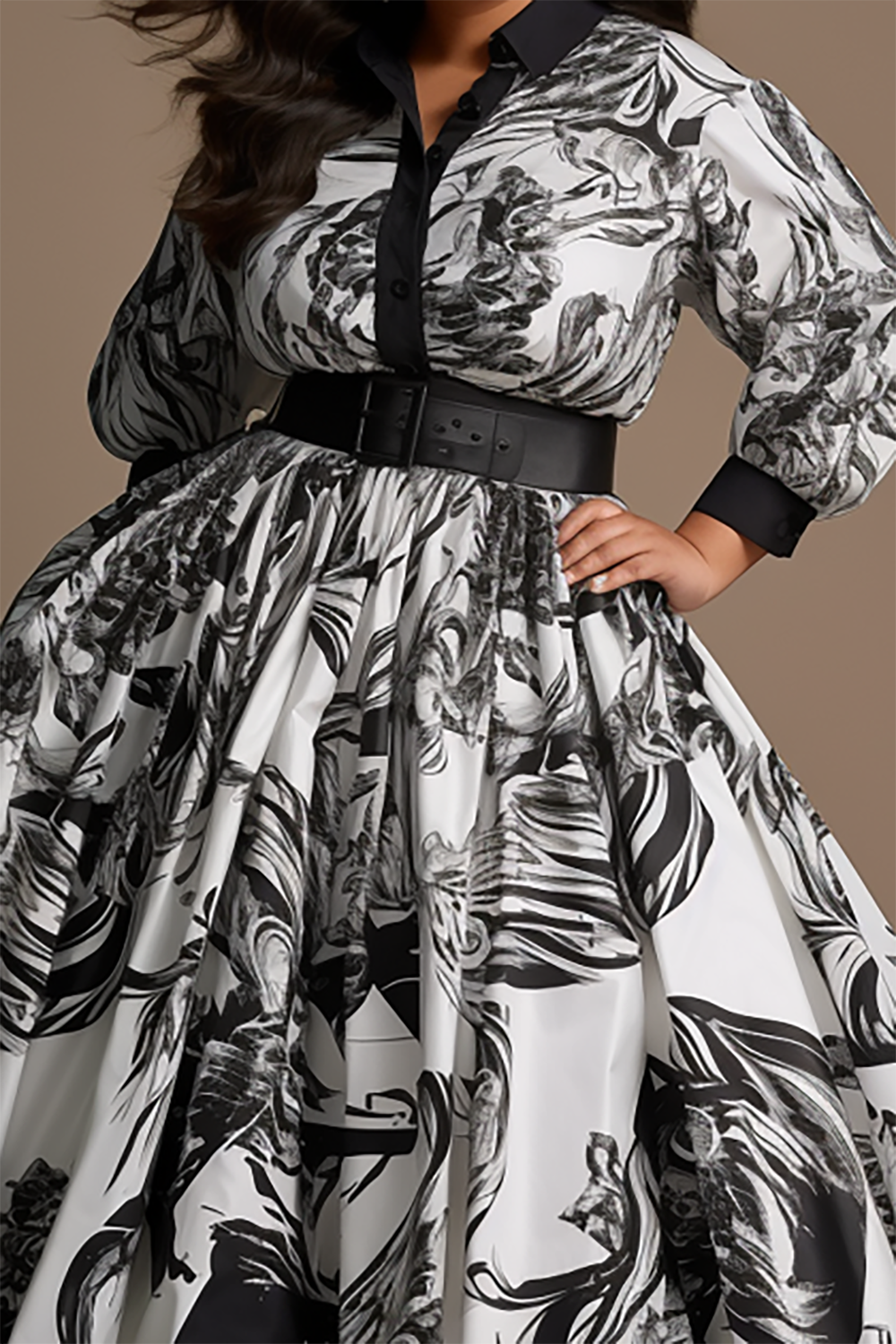 Design Plus Size Semi Formal Elegant Black All Over Print Spring Summer Shirt Collar Lantern Sleeve Pocket Maxi Dresses (Without Belt) [Pre-Order]