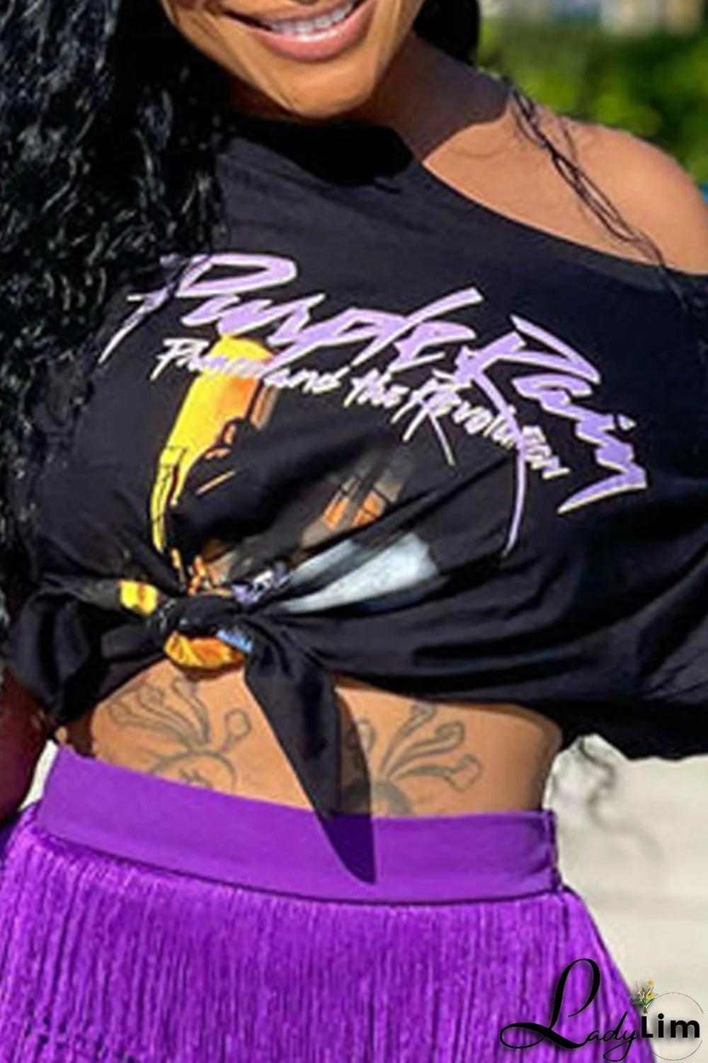 Purple Casual Print Tassel Split Joint O Neck Short Sleeve Two Pieces