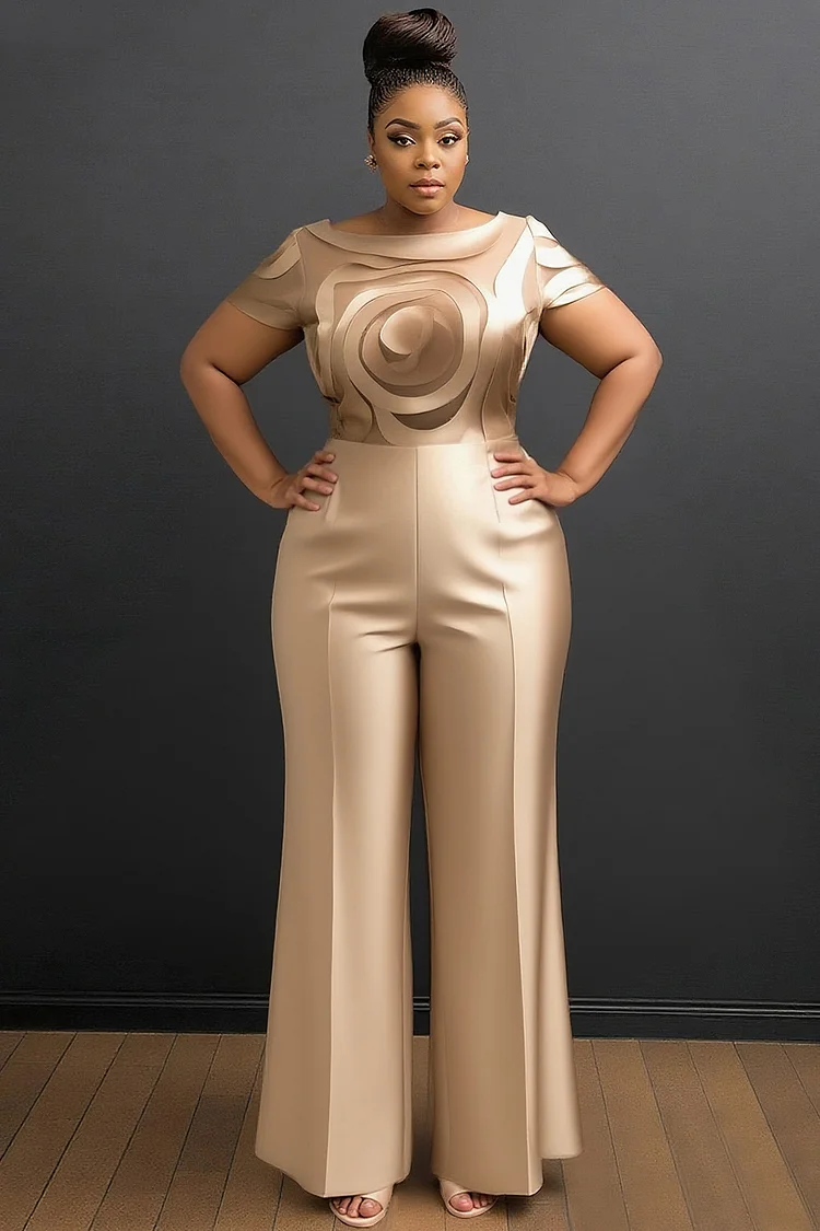 Xpluswear Design Plus Size Business Casual Champagne Floral Round Neck Cap Sleeve Short Sleeve Pocket Elegant Satin Jumpsuits [Pre-Order] 2024 - Xpluswear
