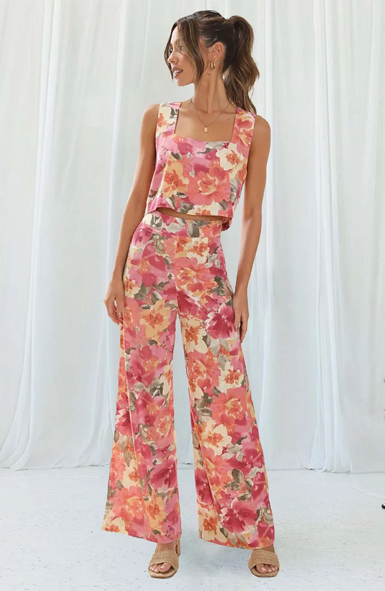 Square Neck Straps Crop Top Wide Leg Pants Floral Print Matching Sets