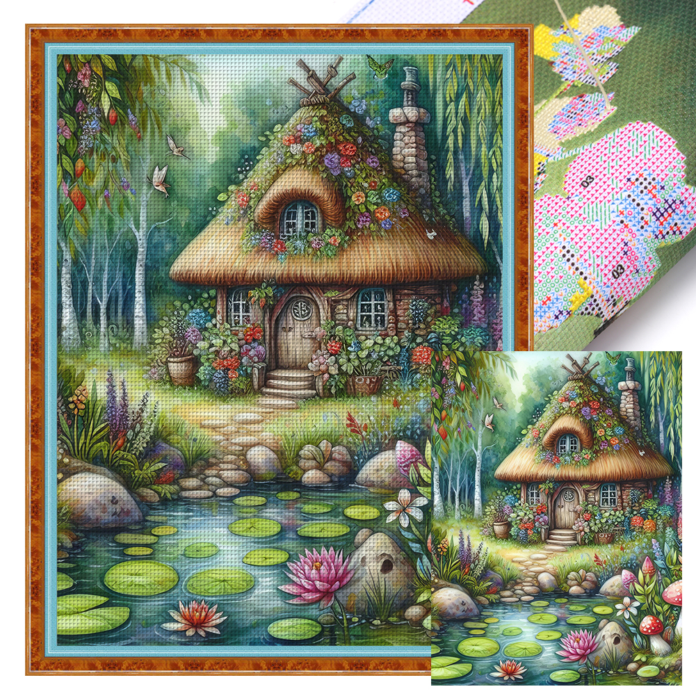 Mushroom House By The Lake Full 11CT Pre-stamped Canvas(50*65cm) Cross Stitch
