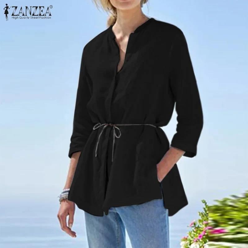 Oversized ZANZEA Women Elegant 3/4 Sleeve Buttons Down Shirt Casual Summer Thin Blouse Work Blusas Female Solid Loose Tops Tunic