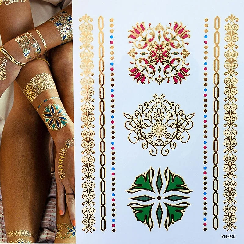 1 Sheet Flash Tattoo Boho Metallic Gold Triangle Blue Shimmering Jewellery Festival Temporary Tattoos