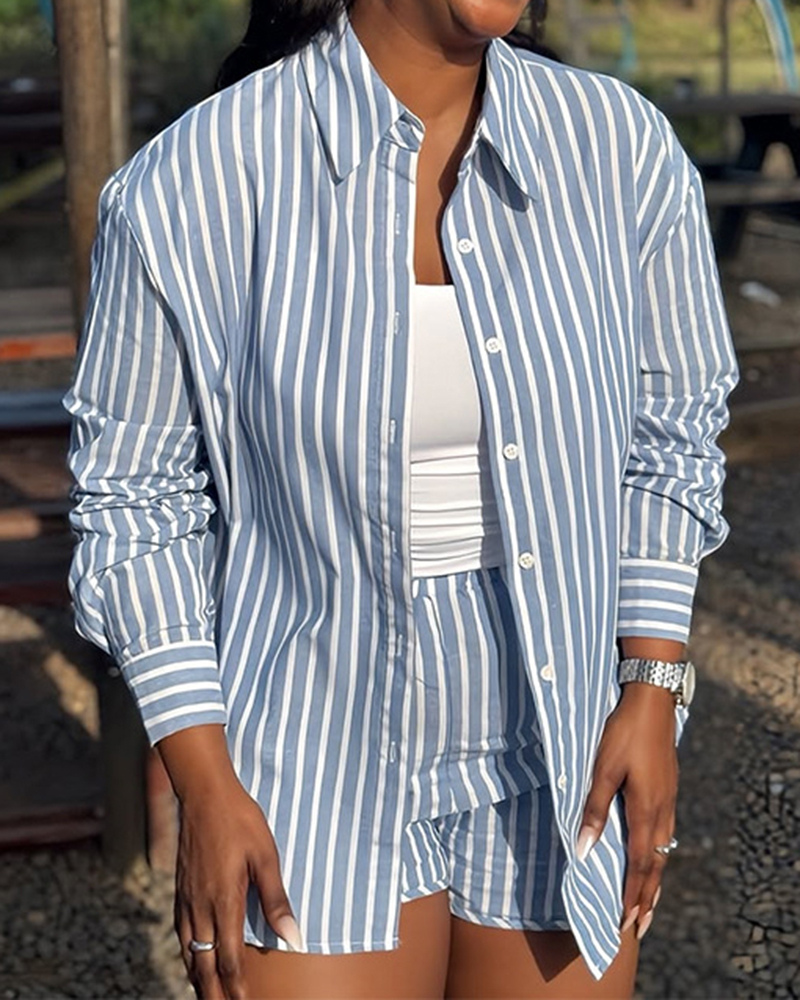 Stripe Oversized Long Sleeve Shirt & Shorts Set