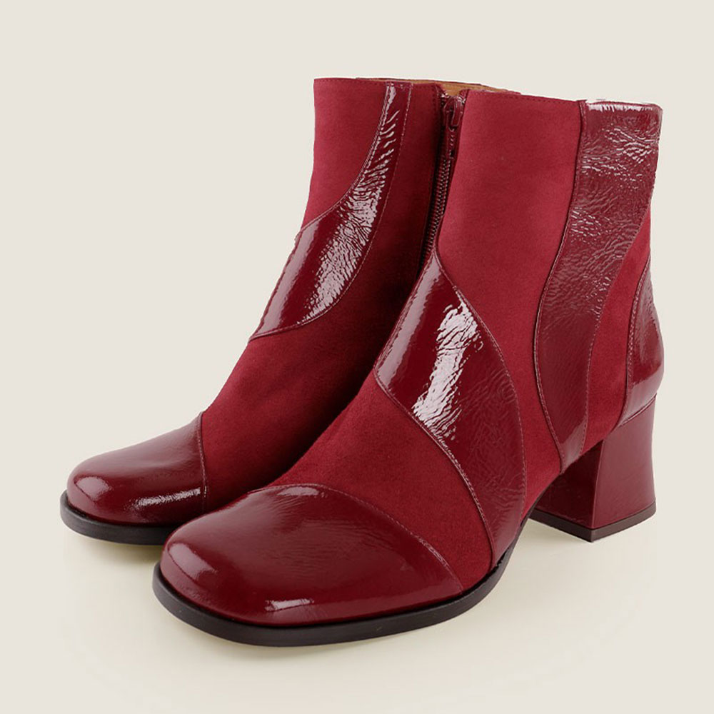 Maroon Patchwork Square Toe Block Heel Ankle Boots with Zipper Nicepairs