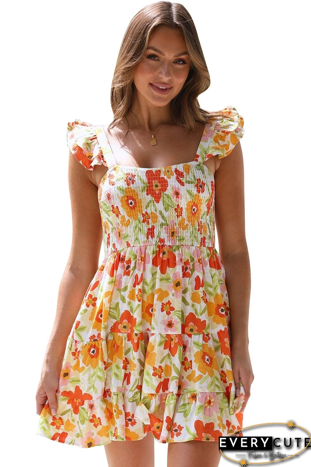 Multicolor Ruffled Shirred Sleeveless High Rise Floral Mini Dress