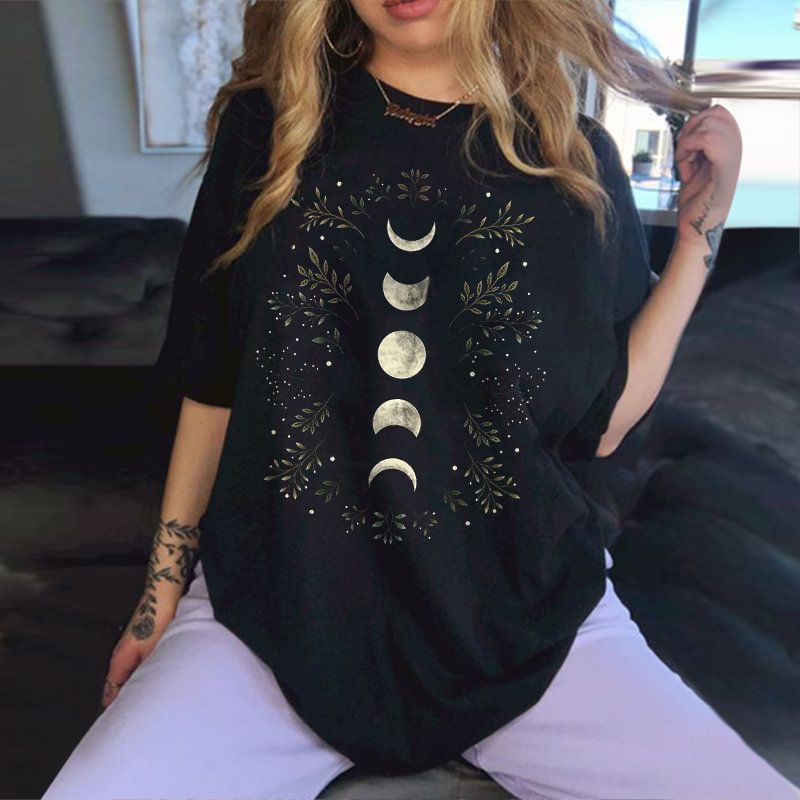   Moon Phases Branches And Leaves Print Casual T-shirt - Neojana