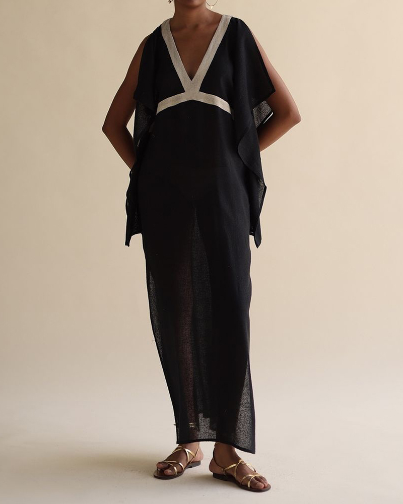 V Neck Contrasting Trim Wide Sleeve Side Split Maxi Dress