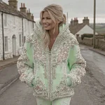 Women's Vintage Flower Embroidery Art Casual Zip Up Hoodie - Image 6