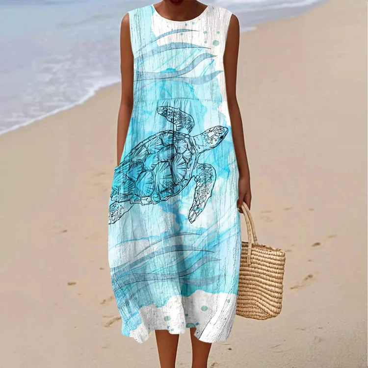 VChics Women's Vintage Sea Turtles Art Print Cotton Casual Dress