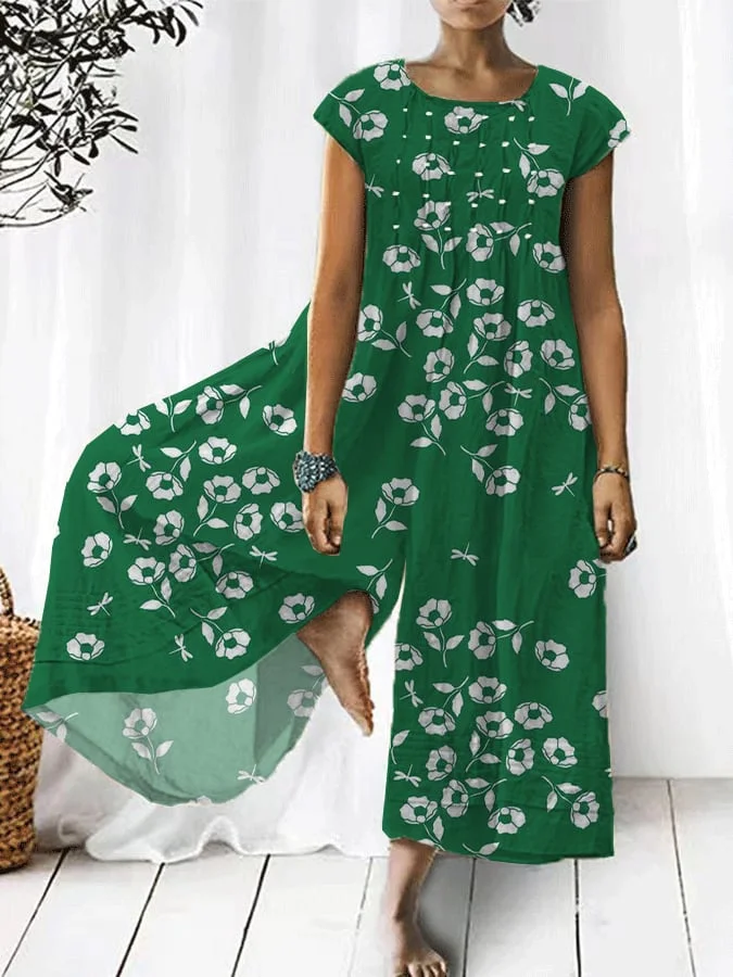 Women's Retro Floral Design Round Neck Casual Jumpsuit