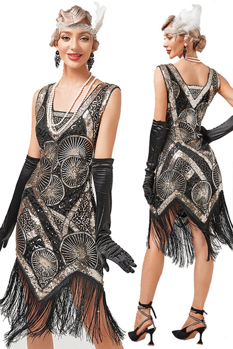 1920s Black Gold Retro Cocktail Party Embroidery Sequin V Neck Fringe Midi Dress