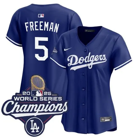 Women's Los Angeles Dodgers #5 Freddie Freeman  Royal 2025 World Series Champions Home Replica Jersey