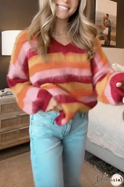 Meridress V Neck Rainbow Striped Casual Pullover Sweater