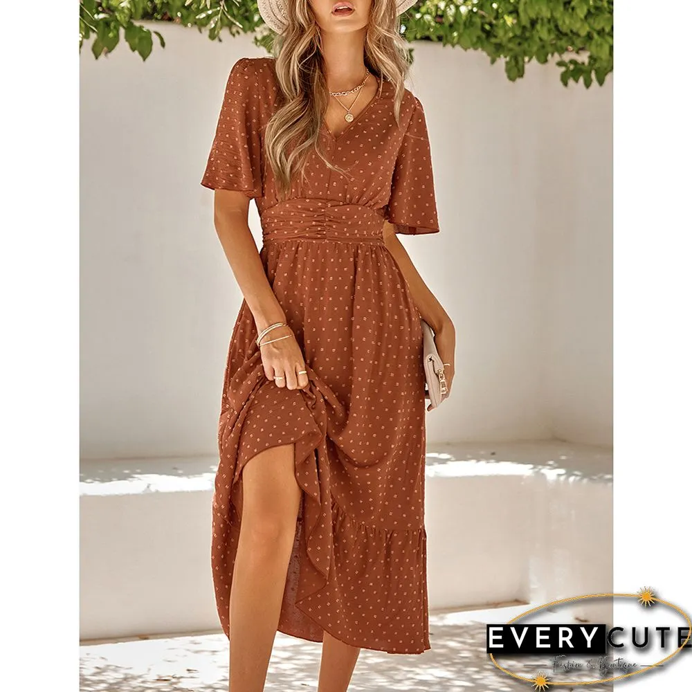 Rust Red Swiss Dot V Neck Casual Dress