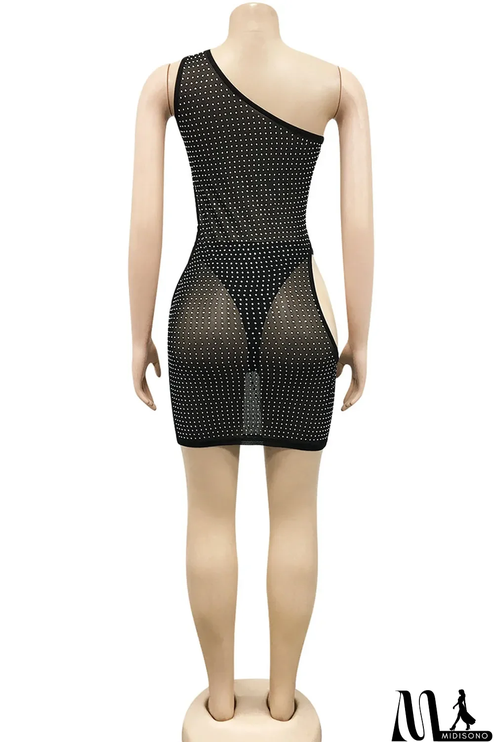 MidiSono - Black Sexy Solid Hollowed Out Split Joint Asymmetrical Hot Drill Oblique Collar One Step Skirt Dresses