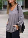 Women Solid Color V Neck Loose Top