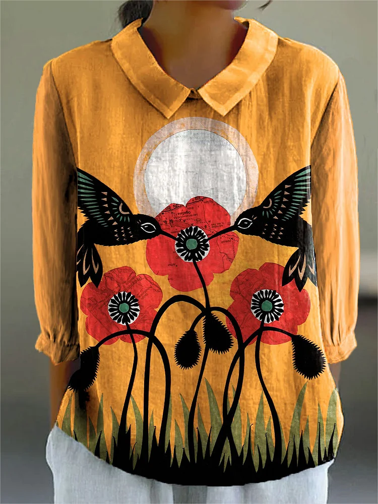 Women's Vintage Floral and Bird Art Print Casual Cotton And Linen 3/4 Sleeve Shirt