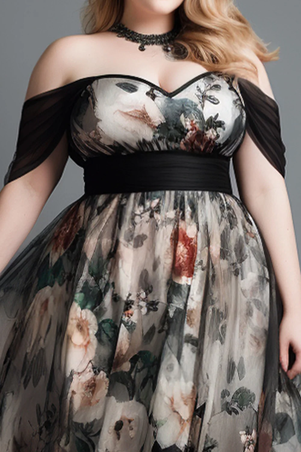 Flycurvy Plus Size Wedding Guest Black And White Mesh Floral Print Off The Shoulder Maxi Dress