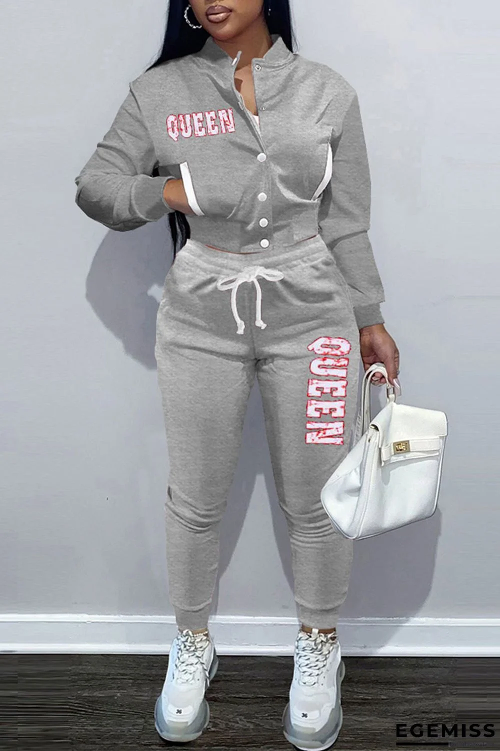 Grey Casual Street Print Patchwork Pocket Buckle Long Sleeve Two Pieces | EGEMISS