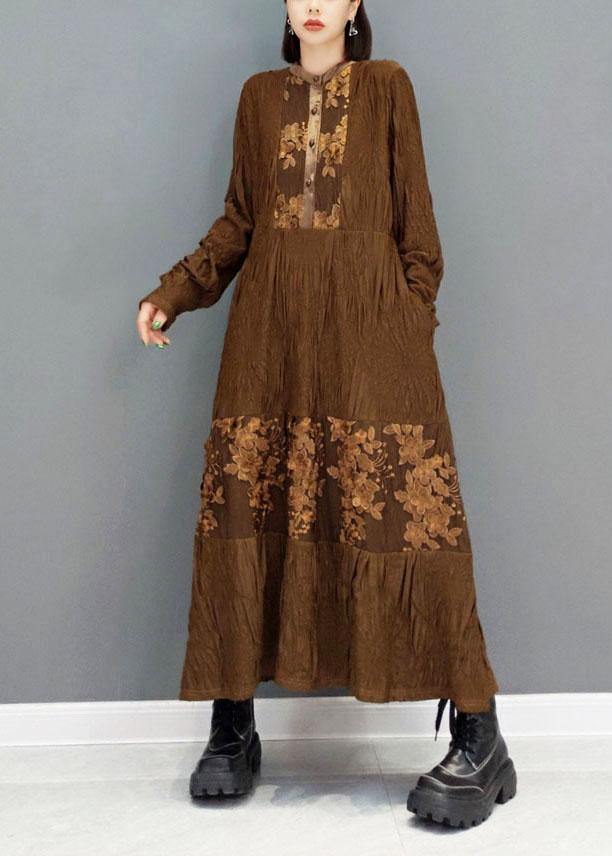 VCSHOES Brown O-Neck Button Embroideried Ankle Dress Fall Long Sleeve