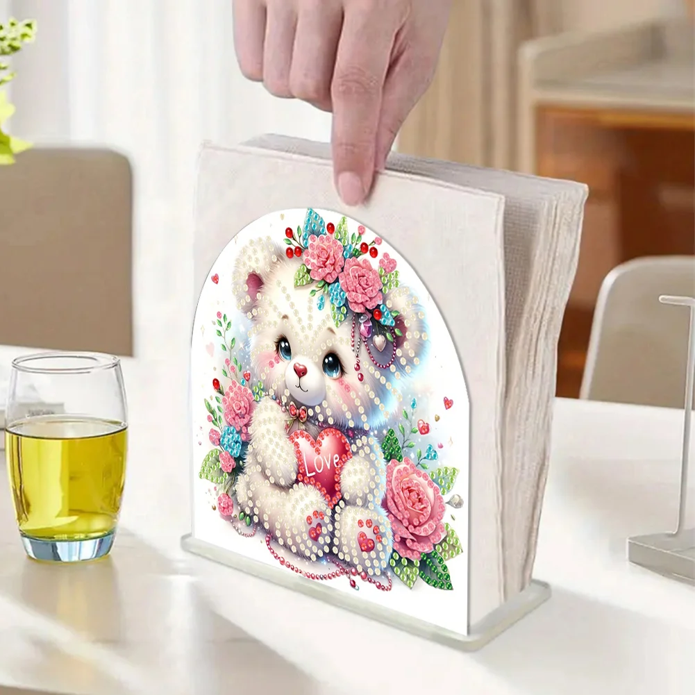 5D DIY Rose Bear Acrylic DIY Diamond Art Painting Napkin Holder Set 