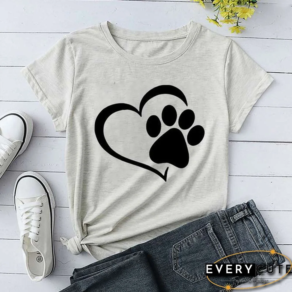 Cute Dog Paw And Heart T-shirts For Women Summer Tee Shirt Femme Casual Short Sleeve Round Neck Tops Unisex T-shirts