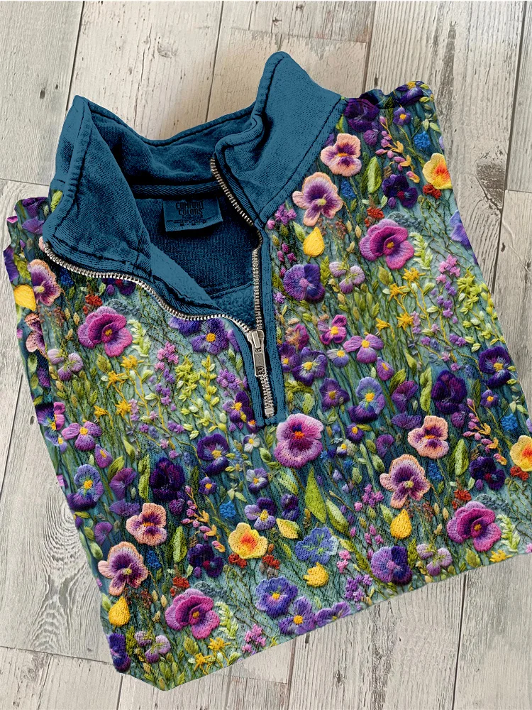 VChics Elegant Violet Wildflower Embroidery Art Zip Up Comfy Sweatshirt