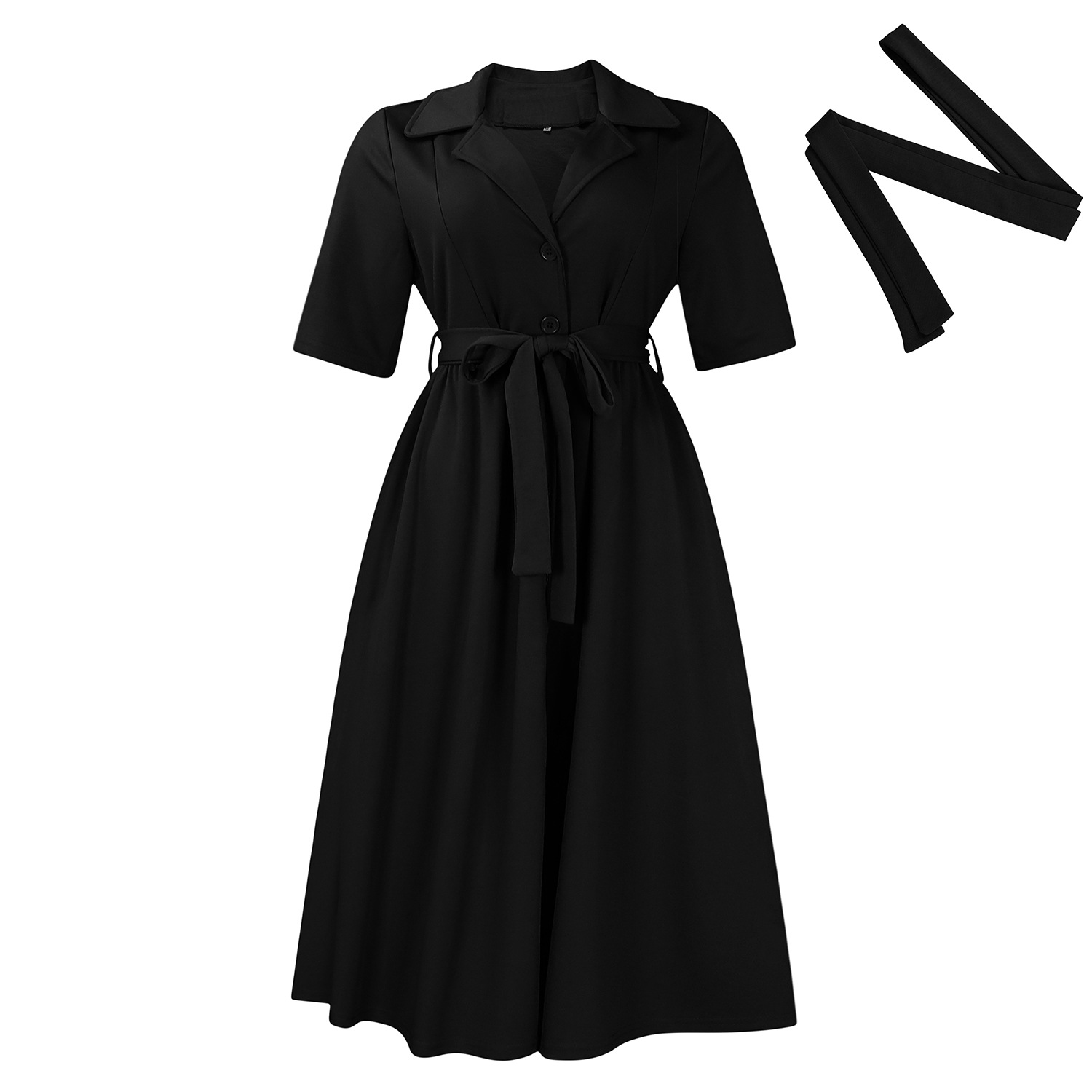 Mature Women Short Sleeve Suit Collar Strap Solid Color Dress