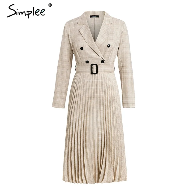 Simplee A-line v-neck blazer women midi dress Elegant long sleeve button sash female blazer vestidos Pleated office ladies dress