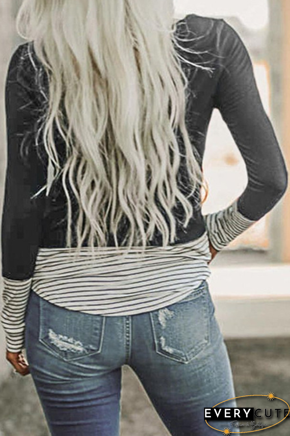 Casual Striped Print Split Joint O Neck Tops