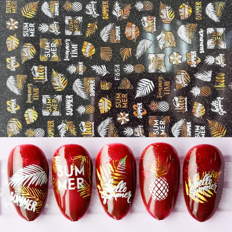 1pcs Black Gold Sping Leaves 3D Nail Sticker Coconut Tree Leaf Pattern Adhesive Transfer Decals Shiny DIY Nail Decoration